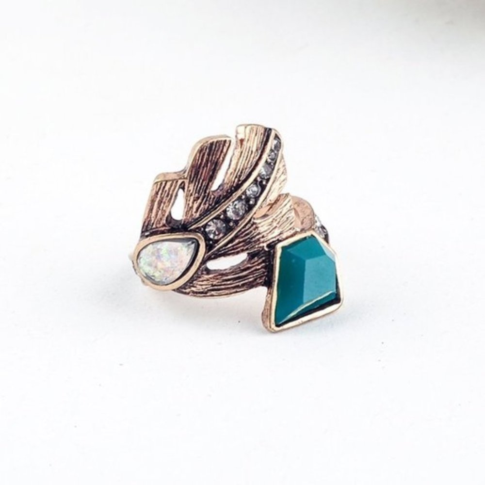 Boho Opal Green Leaf Crystal Ring